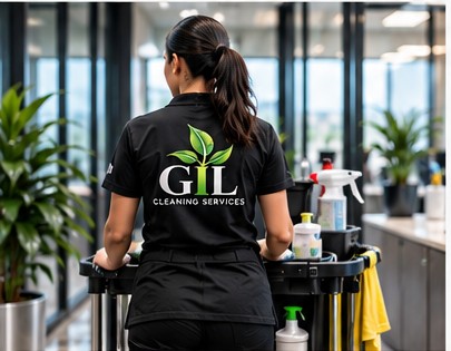 Gil Cleaning Services team member working in a commercial office